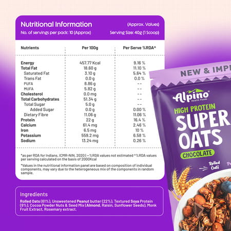 Alpino High Protein Super Oats Chocolate Pouch 1 Kg (Pack Of 2)