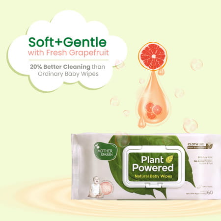 Mother Sparsh Plant Powered Natural Baby Wipes With 98% Water & Grapefruit Extract- 60 Pcs