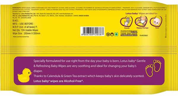 Lotus Herbals Baby+ Gentle & Refereshing Baby Wipes (72 Pieces)
