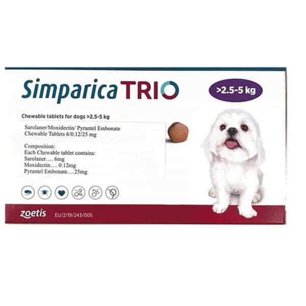 Zoetis Simparica Trio (Sarolaner) Tick And Flea Control Tablet For Dogs | 2.5-5Kg | 1 Tablet