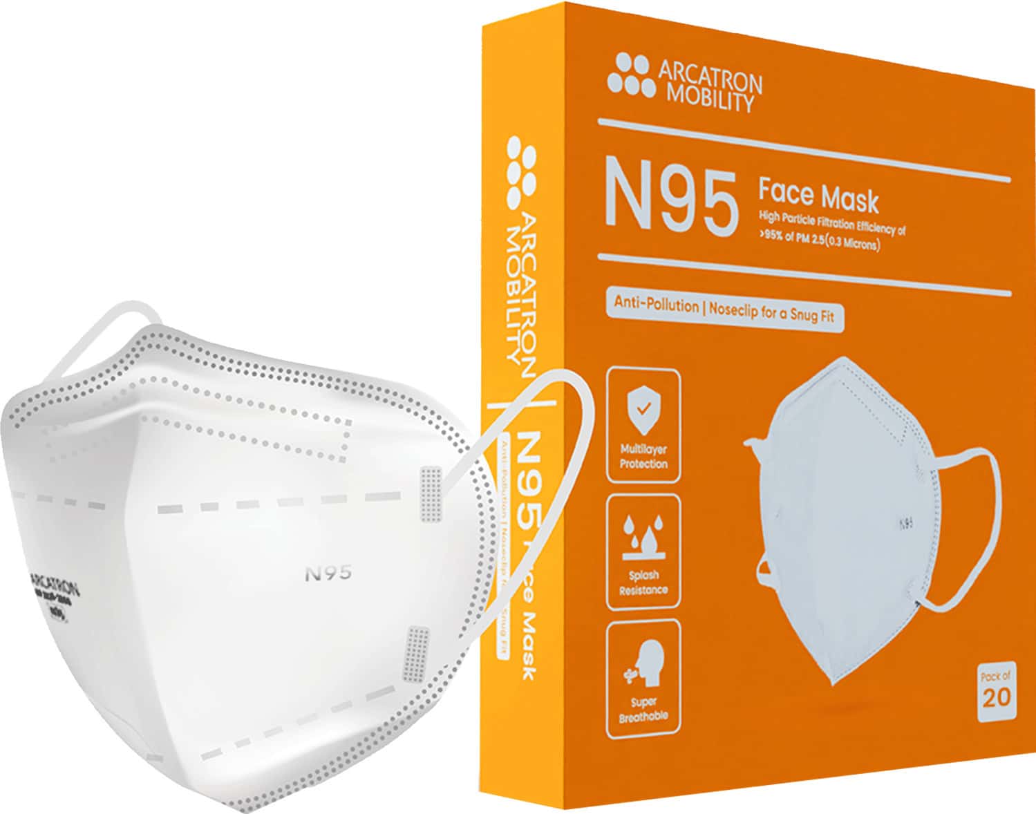 Arcatron N95 Face Mask 95% High Filtration|4 Layers Protection|Fog Proof|Adult Size|Pack Of 20