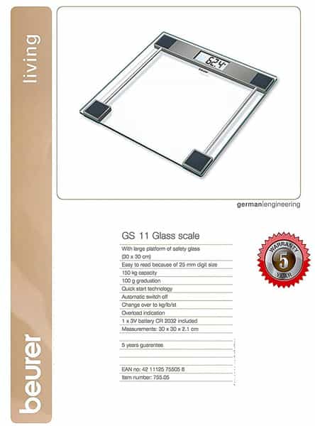 Beurer Gs11 Digital Weighing Glass Scale With Lcd Digital Display