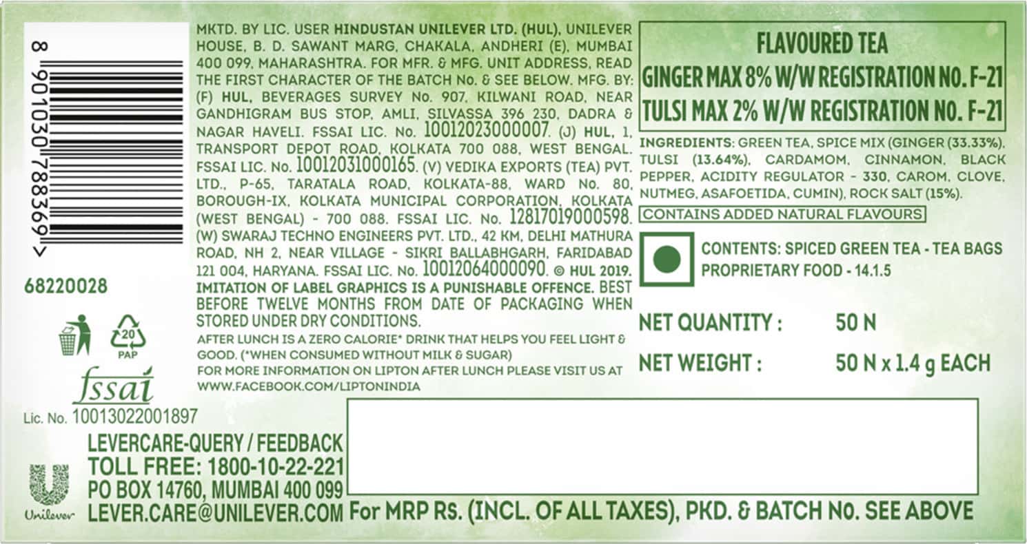 Buy LIPTON AFTER LUNCH WITH GREEN TEA & SPICES TEA BAGS 50 PCS Online