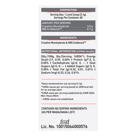Muscleblaze Micronised Creatine Monohydrate Creamp Powder | Unflavoured (80 Servings | 250G)