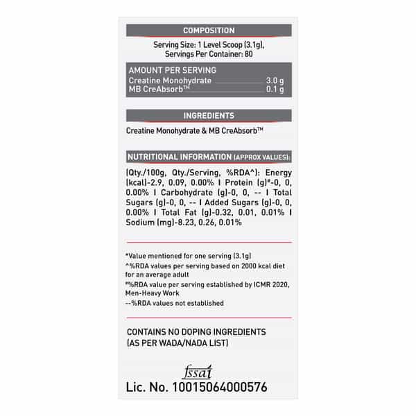 Muscleblaze Micronised Creatine Monohydrate Creamp Powder | Unflavoured (80 Servings | 250G)