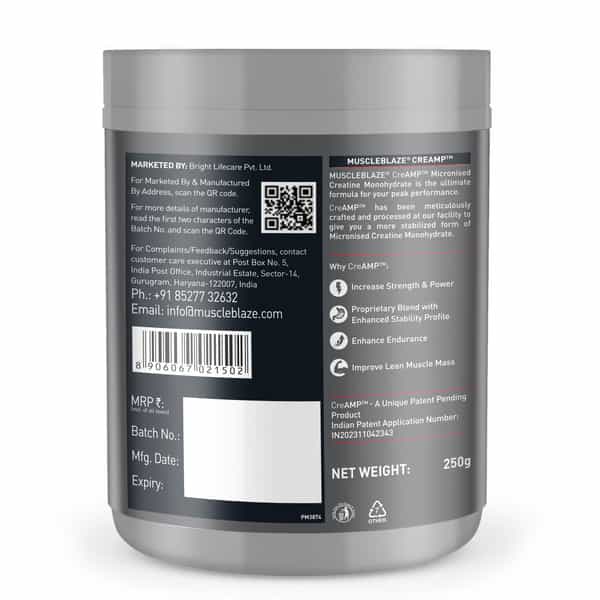 Muscleblaze Micronised Creatine Monohydrate Creamp Powder | Unflavoured (80 Servings | 250G)