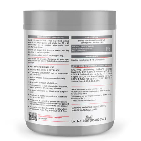 Muscleblaze Micronised Creatine Monohydrate Creamp Powder | Unflavoured (80 Servings | 250G)