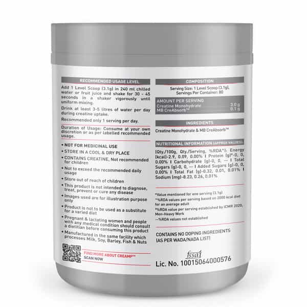 Muscleblaze Micronised Creatine Monohydrate Creamp Powder | Unflavoured (80 Servings | 250G)