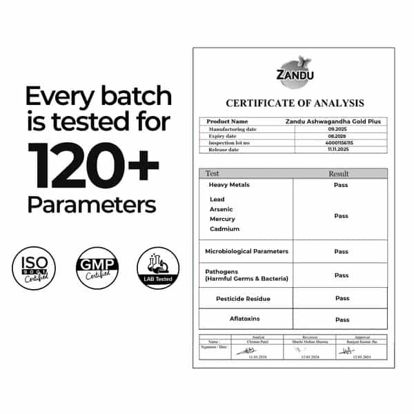 Zandu Ashwagandha Gold Plus | Reduces Stress & Cortisol | Improves Sleep & Muscle Recovery | 60 Caps