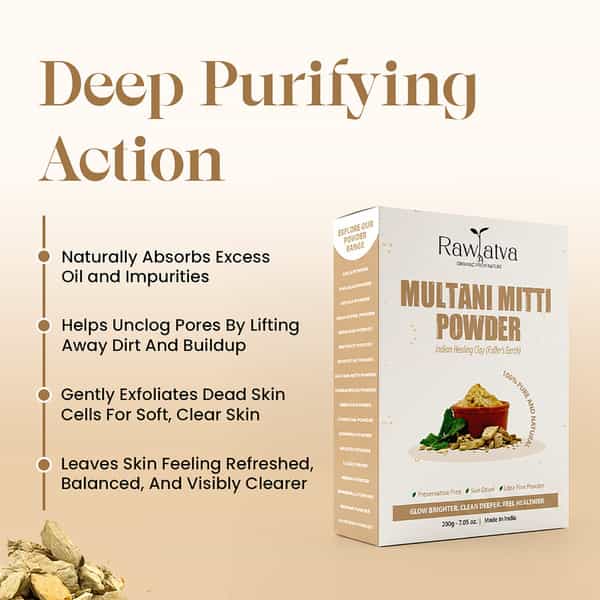 Raw Tatva Multani Mitti Powder For Deep Cleansing Oil Control & Glowing Skin | 200 Gm