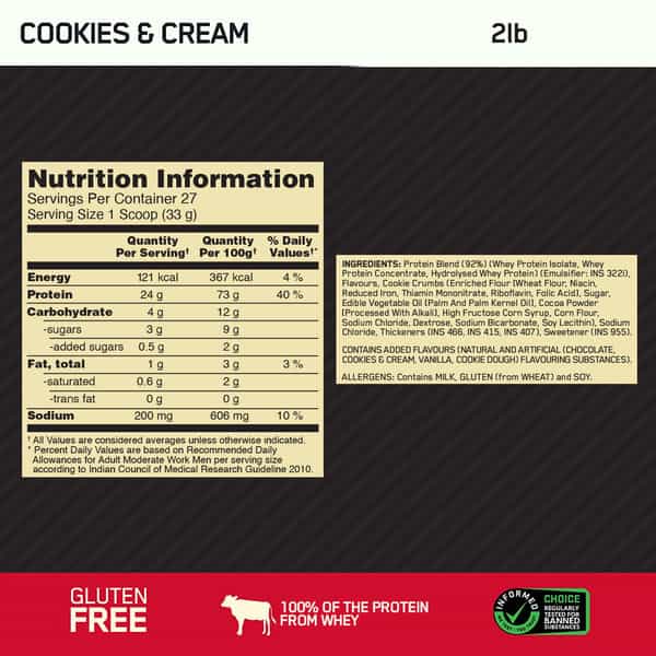 Optimum Nutrition (On) Gold Standard 100% Whey Protein Cookies & Cream Flavour Jar Of 907Gm Powder