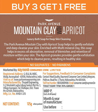 Park Avenue Mountain Clay With Apricot Luxury Soap -125gm (Buy 3 Get 1 Free)
