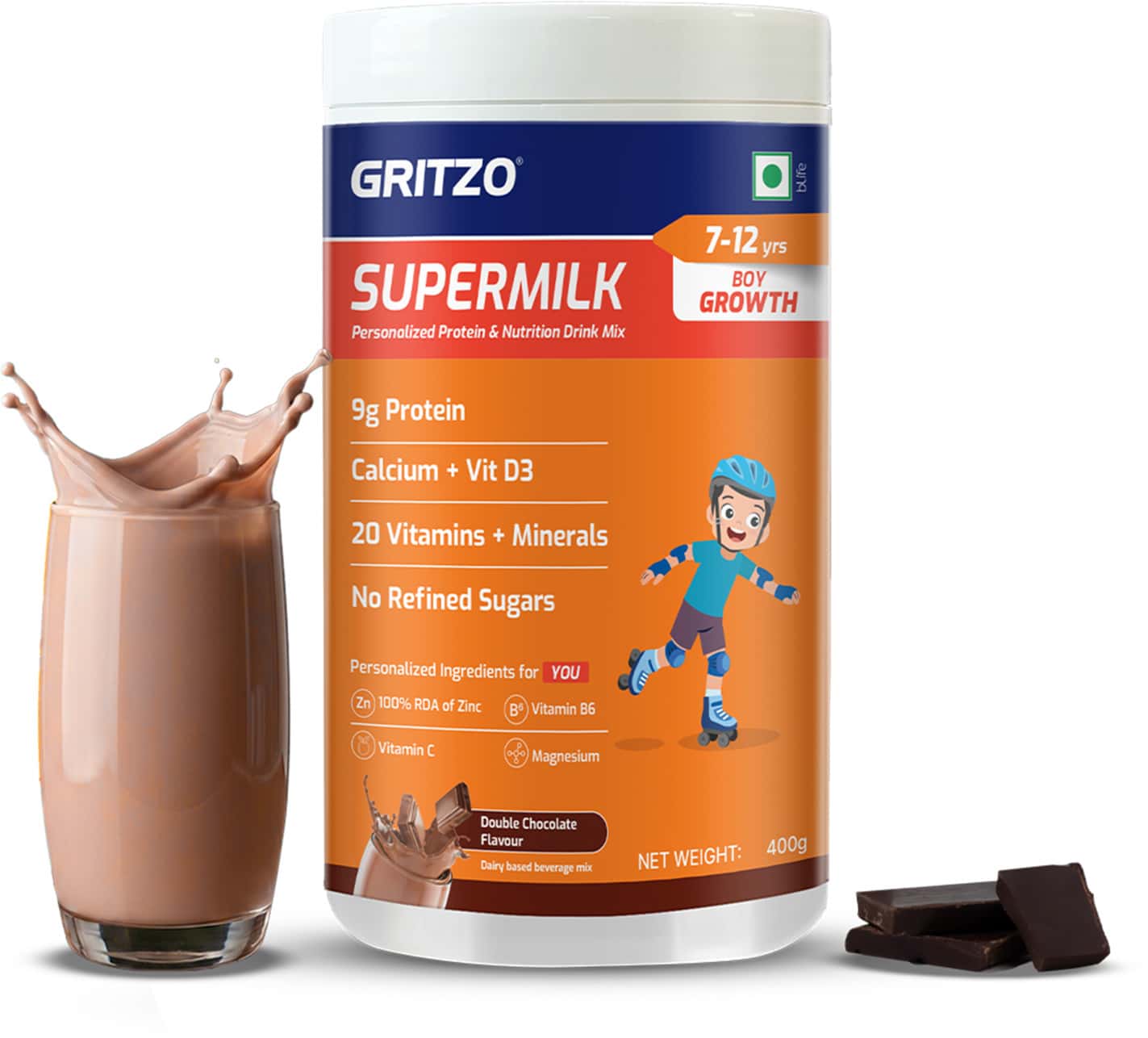 Gritzo Supermilk Growth (7-12y Boys) | 9g Protein (double Chocolate | 400g) | Zero Refined Sugar