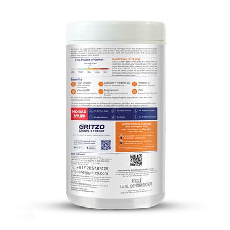 Gritzo Supermilk Growth (7-12Y Boys) | 9G Protein (Double Chocolate | 400G) | Zero Refined Sugar