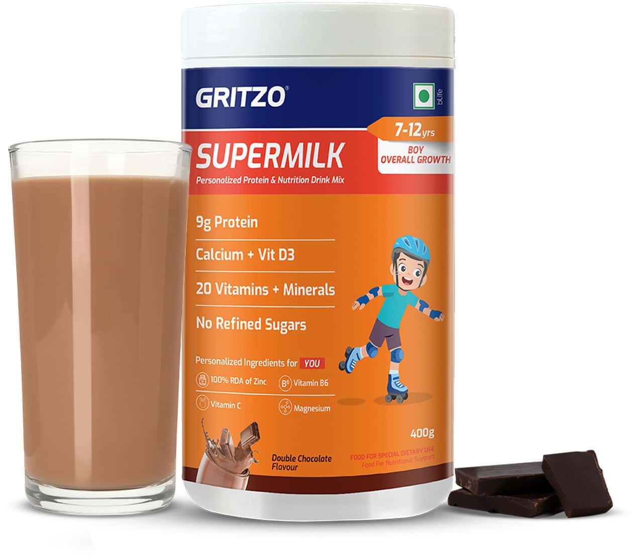 Gritzo Supermilk Overall Growth (7 - 12y Boys) | 9g Protein Powder (double Chocolate | 400g)