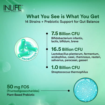 Inlife Prebiotic And Probiotics Forte Supplement | 25 Billion Cfu With 14 Strains - 30 Veg Capsules
