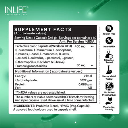 Inlife Prebiotic And Probiotics Forte Supplement | 25 Billion Cfu With 14 Strains - 30 Veg Capsules