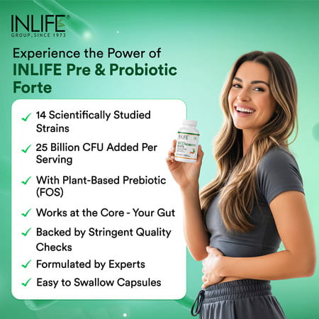 Inlife Prebiotic And Probiotics Forte Supplement | 25 Billion Cfu With 14 Strains - 30 Veg Capsules