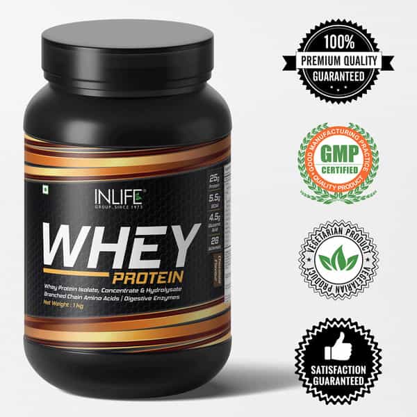 Inlife Whey Protein Powder Isolate Concentrate Hydrolysate Digestive Enzymes-1 Kg(Chocolate Flavour)