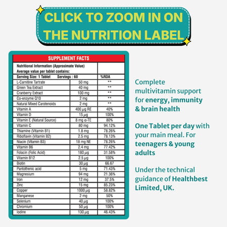Healthbest Teens Multivitamin Tablets Daily Vitamins For Teenagers - 60 Tablets