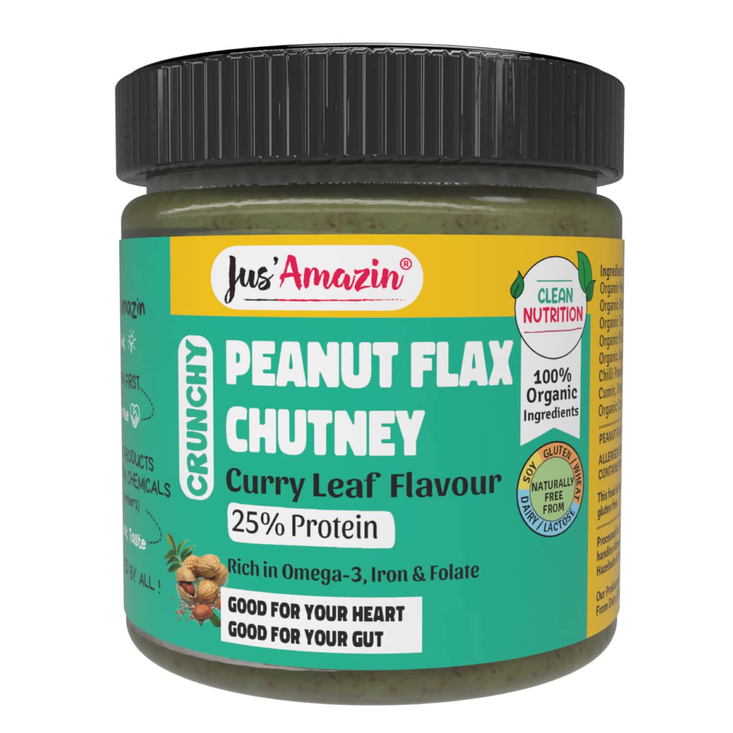 Jus Amazin Crunchy Organic Peanut Flax Chutney Curry Leaf Flavour -200g|Omega 3 Iron & Folate