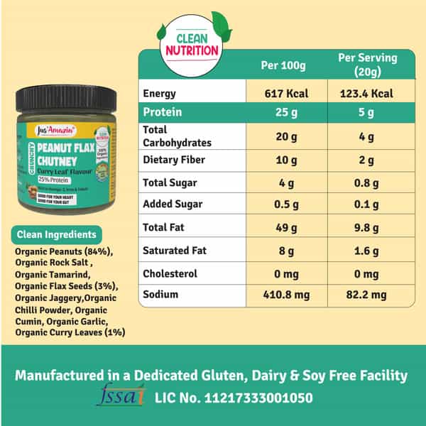 Jus Amazin Crunchy Organic Peanut Flax Chutney Curry Leaf Flavour -200G|Omega 3 Iron & Folate