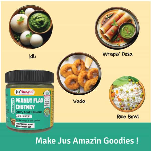 Jus Amazin Crunchy Organic Peanut Flax Chutney Curry Leaf Flavour -200G|Omega 3 Iron & Folate