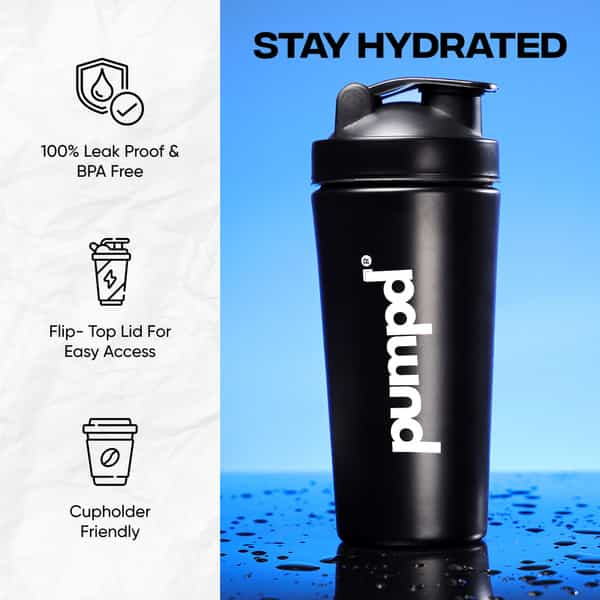 Pumpd Stainless Steel Protein Shaker Bottle With Blender Ball | 750Ml | Black