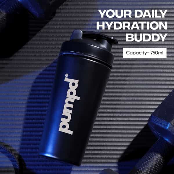 Pumpd Stainless Steel Protein Shaker Bottle With Blender Ball | 750Ml | Black