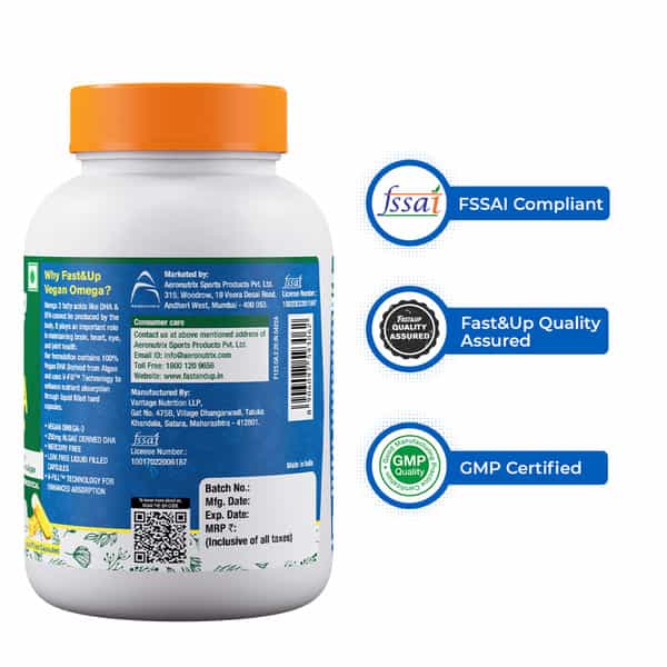 Fast&Up Vegan Omega 3 With 250Mg Dha, Sourced From Marine Algae, No Fishy After Taste (60 Capsules)