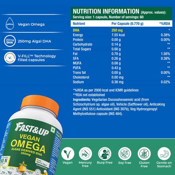 Fast&Up Vegan Omega 3 With 250Mg Dha, Sourced From Marine Algae, No Fishy After Taste (60 Capsules)