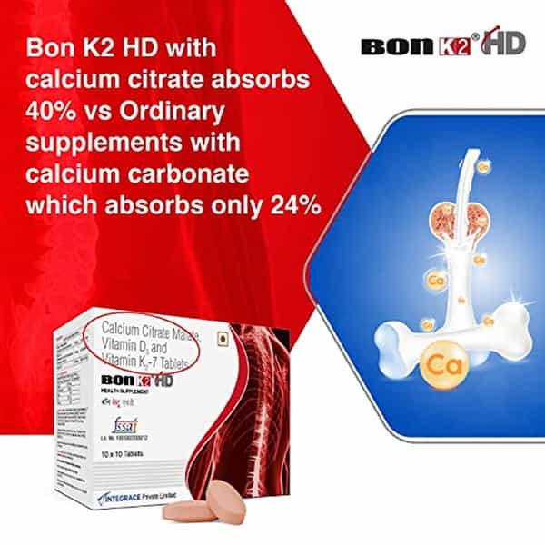 Bon K2 Hd With Advanced Calcium30 Tablet|Vitamin D3 & Vitamin K2-7 Multivitamin Tab (3 X 10 Tablets)