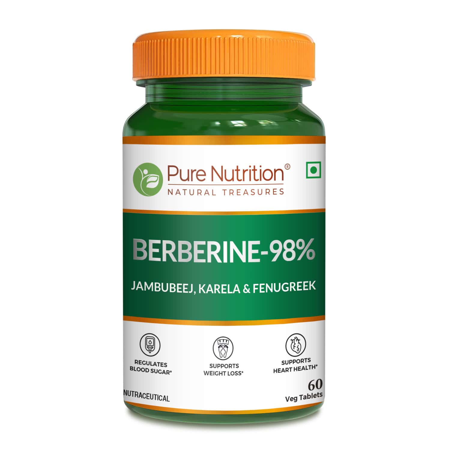 Pure Nutrition Berberine 98% Supplement With Jamubeej | Karela | Fenugreek Extract - 60 Veg Tablet