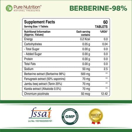 Pure Nutrition Berberine 98% Supplement With Jamubeej | Karela | Fenugreek Extract - 60 Veg Tablet