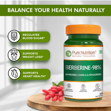 Pure Nutrition Berberine 98% Supplement With Jamubeej | Karela | Fenugreek Extract - 60 Veg Tablet