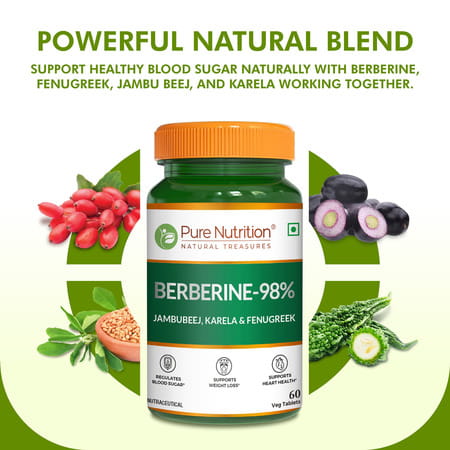 Pure Nutrition Berberine 98% Supplement With Jamubeej | Karela | Fenugreek Extract - 60 Veg Tablet