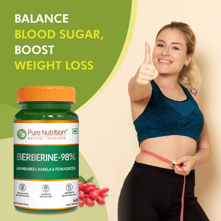 Pure Nutrition Berberine 98% Supplement With Jamubeej | Karela | Fenugreek Extract - 60 Veg Tablet
