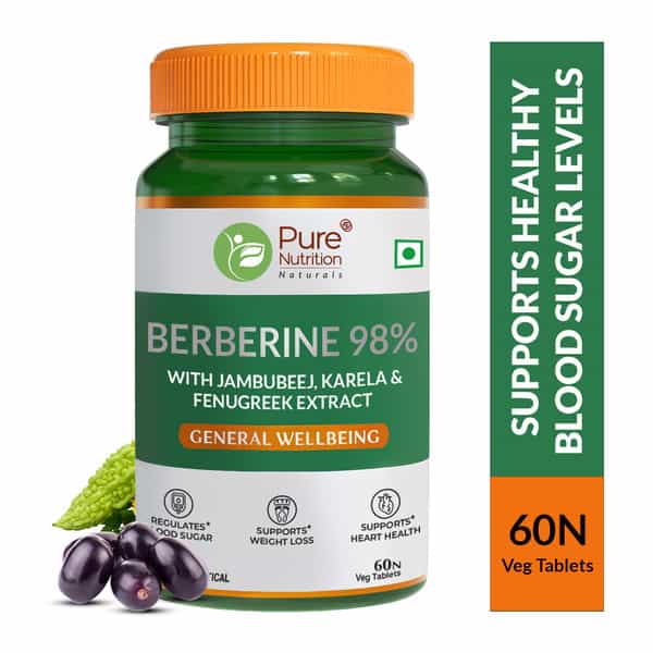 Pure Nutrition Berberine 98% Supplement With Jamubeej | Karela | Fenugreek Extract - 60 Veg Tablet