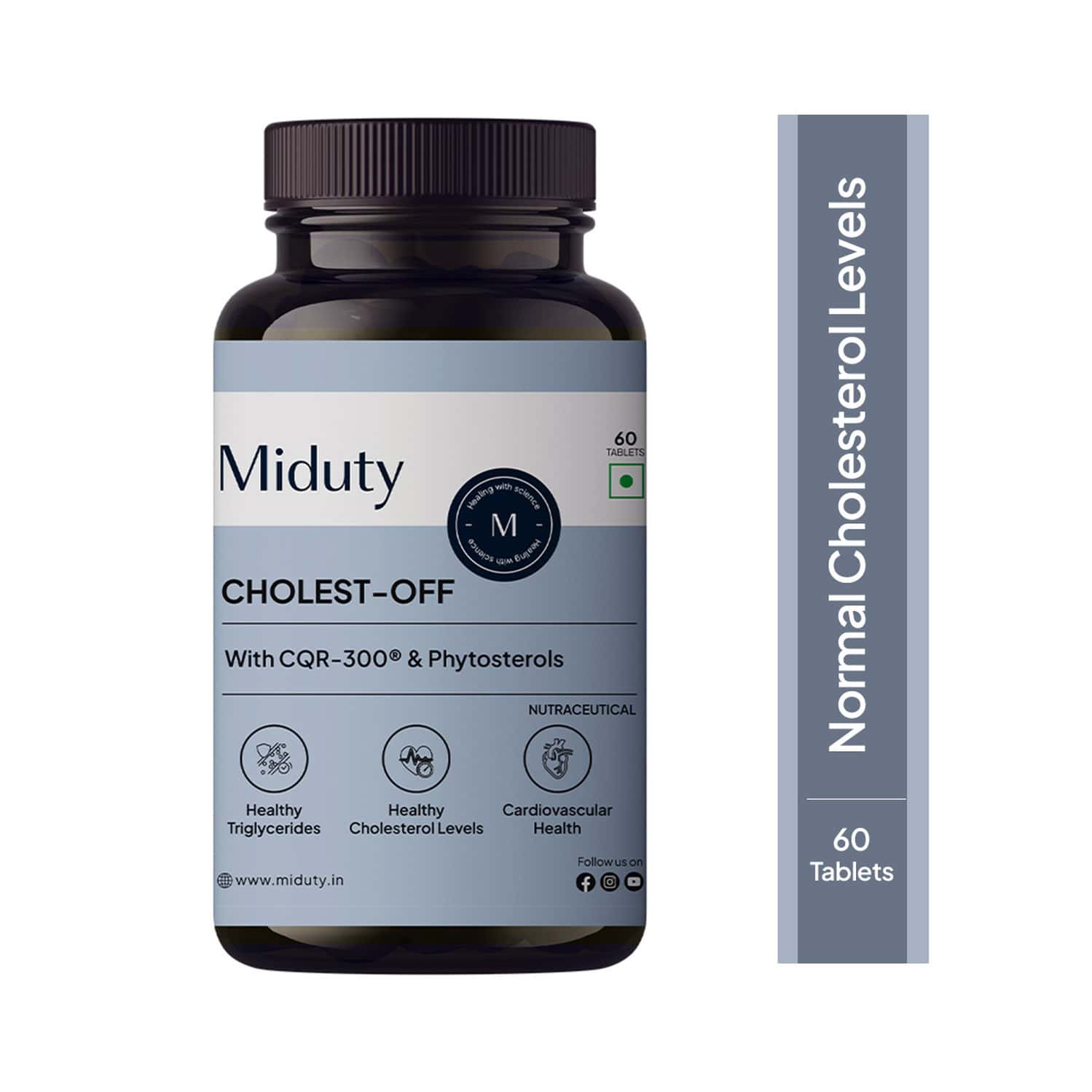 Miduty Cholest Off - Diabetes - Heart Disease - Niacin - Cqr 300 - 100% Vegetarian - 60 Tablets