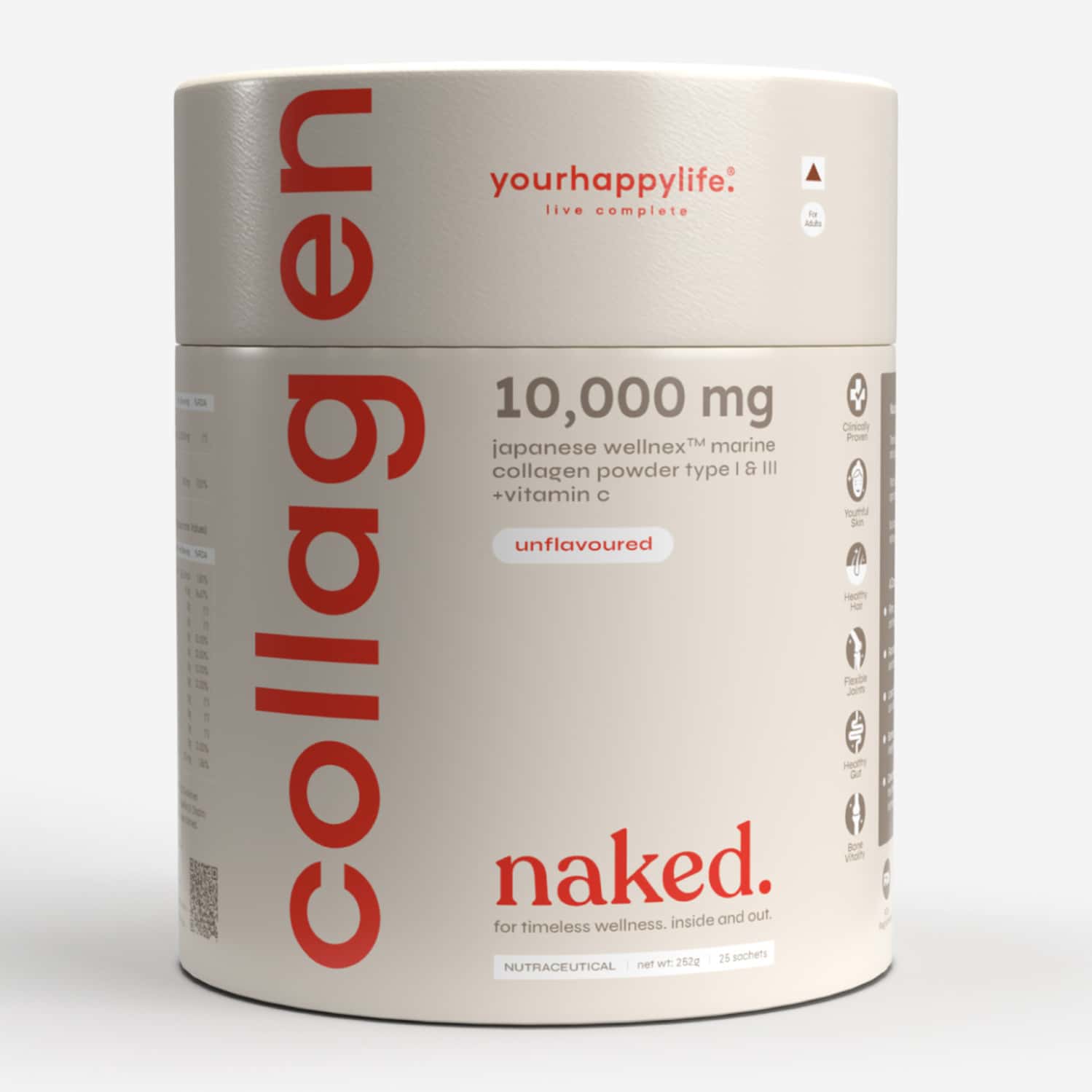 Yourhappylife Collagen Naked | Unflavored Marine Collagen Peptides With Vitamin C - 25 Sachets