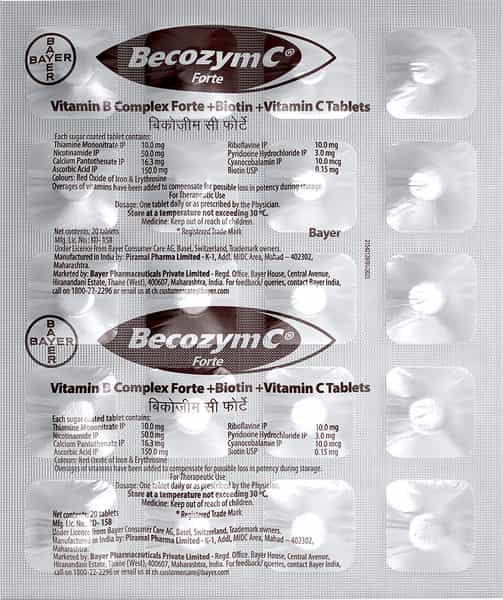 Becozym C Forte B Complex With Vitamin C And Biotin Strip Of 20 Tablets