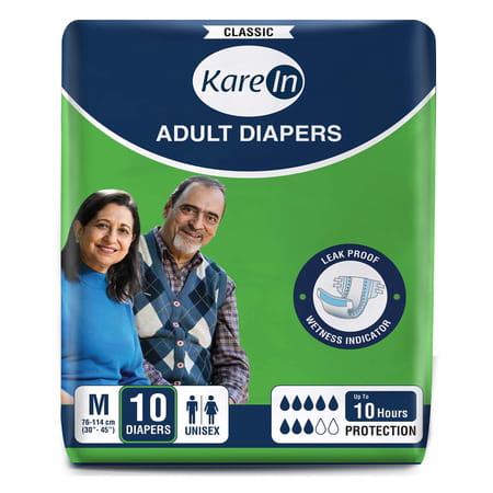 Kare In Classic Adult Diapers Medium Waist Size 76-114 Cm(30"-45") Tape Style Unisex 10 Count