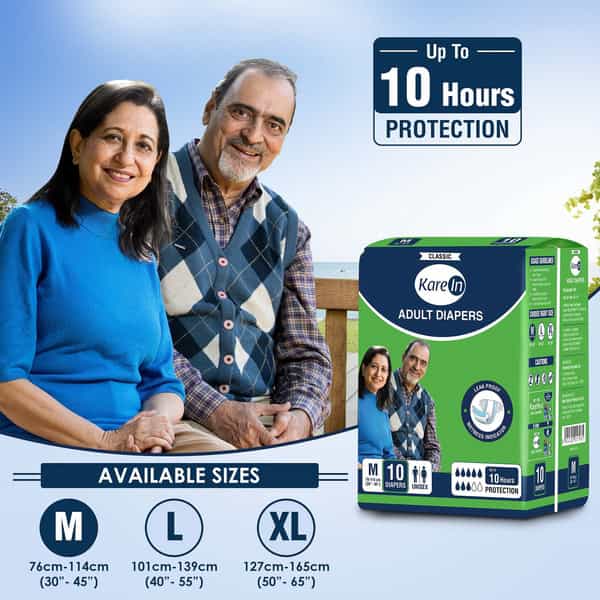 Kare In Classic Adult Diapers Medium Waist Size 76-114 Cm(30"-45") Tape Style Unisex 10 Count