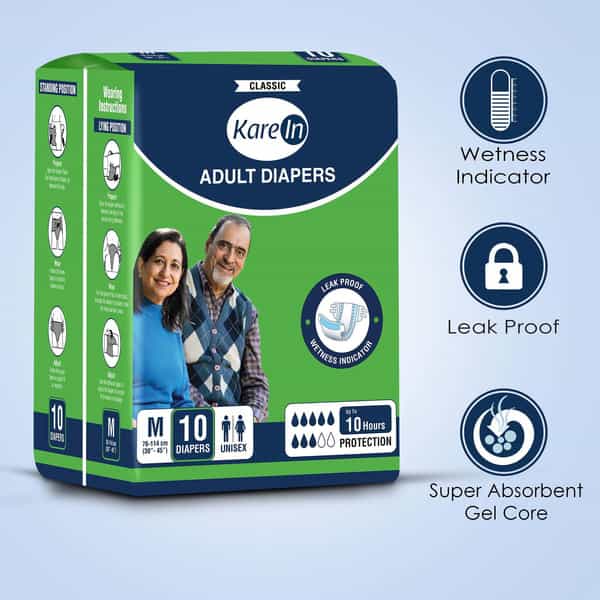 Kare In Classic Adult Diapers Medium Waist Size 76-114 Cm(30"-45") Tape Style Unisex 10 Count