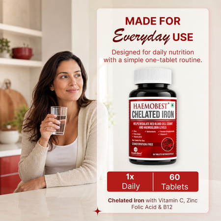 Healthbest Chelated Iron Tablets With Vitamin C| Folic Acid & B12 For Hemoglobin| 60 Veg Tabs