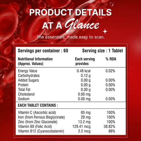 Healthbest Chelated Iron Tablets With Vitamin C| Folic Acid & B12 For Hemoglobin| 60 Veg Tabs