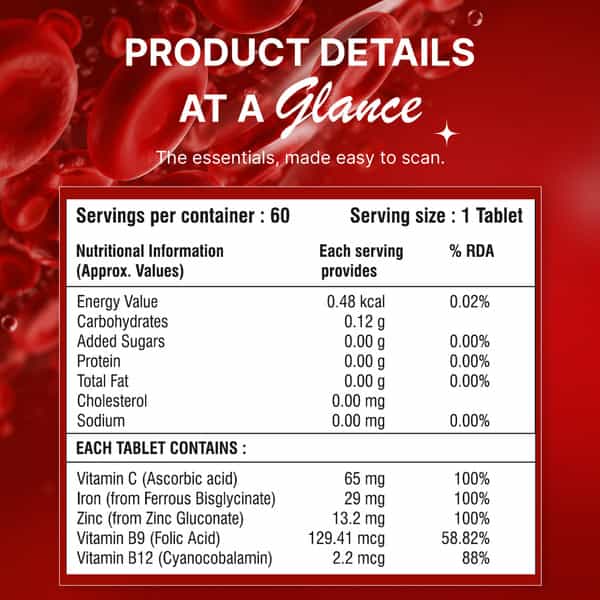 Healthbest Chelated Iron Tablets With Vitamin C| Folic Acid & B12 For Hemoglobin| 60 Veg Tabs