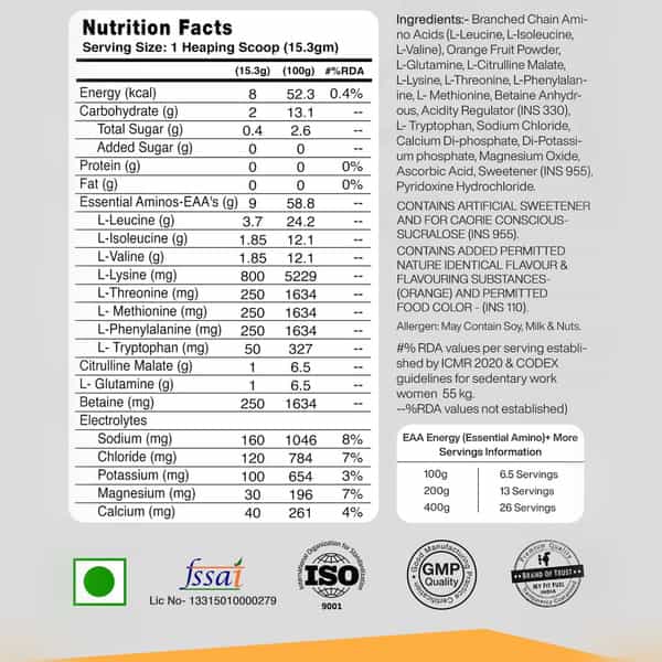 Myfitfuel Anytime Eaa Energy (100G, Tangy Ornge) (Essential Amino Acid) Hydration, Repair & Recovery