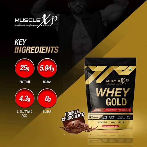 Musclexp Whey Gold Protein -Digestive Enzymes Double Chocolate 1Kg (Pouch) - Raw Material From Usa