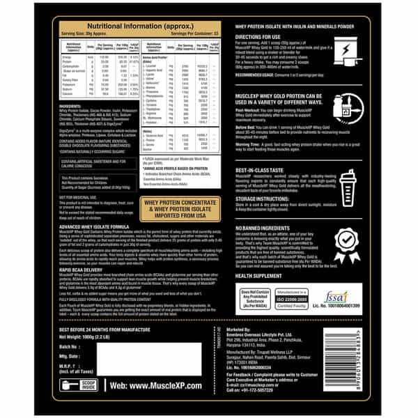 Musclexp Whey Gold Protein -Digestive Enzymes Double Chocolate 1Kg (Pouch) - Raw Material From Usa